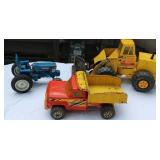 3 Mid Century Metal Truck Toys 2 Tonka Trucks and Ford Tractor