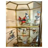 Brass and Glass Hexagonal Curio Cabinet with Porcelain Bird Collection