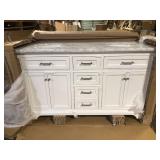 Home Decorators Collection Windlowe 61 in. Double Sink White Bath Vanity with White Carrara White Marble Top (Assembled)  Broken on Corner   Customer Returns See Pictures
