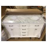 Home Decorators Collection Windlowe 61 in. Double Sink White Bath Vanity with White Carrara White Marble Top (Assembled)  Broken on Corner   Customer Returns See Pictures