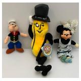 Vintage Collectible Plush Figures Including Mr. Peanut 18", Minnie Mouse 10" & Popeye 8"