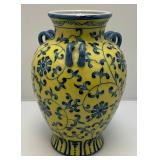 Vintage Chinese Yellow Glaze Blue/White Porcelain Flower Vase 12"