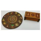 Misc. Vintage Wooden Items Including Aztec Themed Calendar & Wooden Trinket Box