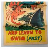 1967 TOPPS Chewing Gum Company "Come To Florida Learn To Swim Fast" Travel Poster 10" x 18" (Tears Present Fixed With Tape)