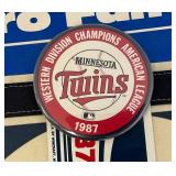 Vintage 1987 Minnesota Twins 12" x 30" Western Division Champions Pennant, Bumper Sticker And Button