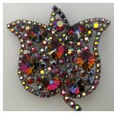 Vintage Rose Bud Brooch With Colored Rhinestones 2" x 2"