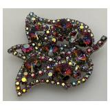 Vintage Rose Bud Brooch With Colored Rhinestones 2" x 2"