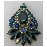 Vintage Multi Colored Blue Rhinestone Brooch 2" x 2 1/2"
