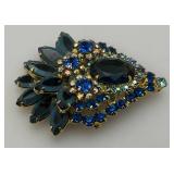Vintage Multi Colored Blue Rhinestone Brooch 2" x 2 1/2"