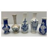 Group Of Vintage Miniature Oriental Blue And White Vases
