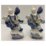Vintage Porcelain Chinese Fisherman Figurines Blue And White With Gold Accents 7"