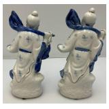 Vintage Porcelain Chinese Fisherman Figurines Blue And White With Gold Accents 7"