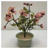 Vintage Asian Chinese Bonsai Jade, Agate And Glass Flowers In Celadon Vase Pot 9 3/4" Tall
