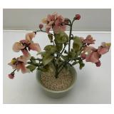Vintage Asian Chinese Bonsai Jade, Agate And Glass Flowers In Celadon Vase Pot 9 3/4" Tall