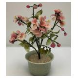 Vintage Asian Chinese Bonsai Jade, Agate And Glass Flowers In Celadon Vase Pot 9 3/4" Tall