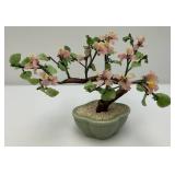 Vintage Asian Chinese Bonsai Jade, Agate And Glass Flowers In Celadon Vase Pot 9 1/2" Tall