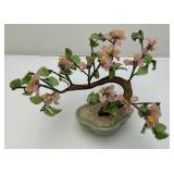 Vintage Asian Chinese Bonsai Jade, Agate And Glass Flowers In Celadon Vase Pot 9 1/2" Tall