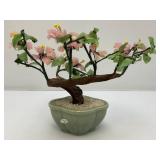 Vintage Asian Chinese Bonsai Jade, Agate And Glass Flowers In Celadon Vase Pot 9 1/2" Tall