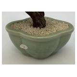 Vintage Asian Chinese Bonsai Jade, Agate And Glass Flowers In Celadon Vase Pot 9 1/2" Tall