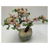 Vintage Asian Chinese Bonsai Jade, Agate And Glass Flowers In Celadon Vase Pot 9 1/2" Tall