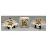 Vintage Japanese Satsuma Porcelain Vase And Porcelain Fans With Stands