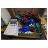 Desk and Side Table with Contents - Power Tools, Circular Saw, Glue Sticks