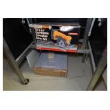 Desk and Side Table with Contents - Power Tools, Circular Saw, Glue Sticks