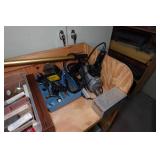 Wood Rolling Shelf with Contents - Tools, Vintage Akai Speakers