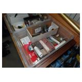 Wood Rolling Shelf with Contents - Tools, Vintage Akai Speakers