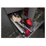 Desk with Cabinets and Contents - Camera Parts, Pocket Watches, Tools