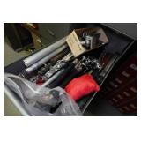 Desk with Cabinets and Contents - Camera Parts, Pocket Watches, Tools