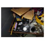 Desk with Cabinets and Contents - Camera Parts, Pocket Watches, Tools