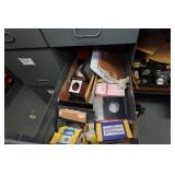 Desk with Cabinets and Contents - Camera Parts, Pocket Watches, Tools