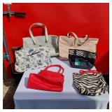 Vareity of Tote Bags Including Floral Print, Red Tote, and Zebra Pattern Bag