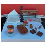 Variety of Small Home Decor Items - Small Framed Shells, Carved Double Bowl, Planter, Small Shoe, Small Carved Wood Shoe and More