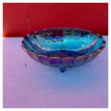 Vtg Indiana Carnival Glass Heavy Oval Blue Iridescent Footed Bowl Harvest Grapes
