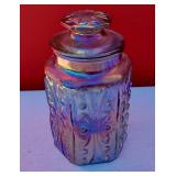 Carnival Glass Purple Iridescent Embossed Canister Rainbow Cookie Jar Vintage