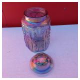 Carnival Glass Purple Iridescent Embossed Canister Rainbow Cookie Jar Vintage