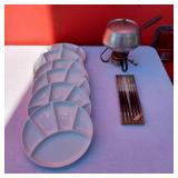 Vintage Mid Centurry Fondue Pot, Plates and Forks