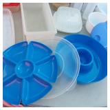 Lot of Plastic Food Storage Containers including Various Sizes and Types, Some with Lids
