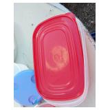 Lot of Plastic Food Storage Containers including Various Sizes and Types, Some with Lids