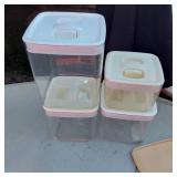 Lot of Plastic Food Storage Containers including Various Sizes and Types, Some with Lids