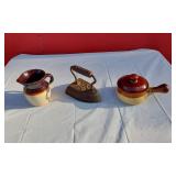 Geneva Sad Iron and Small Stoneware Pitcher and Bowl with Handle and Cover