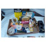 Assorted Household Supplies including Multi-Purpose Cement, Command Hooks, Tape Dispenser, Candles and Light Bulbs