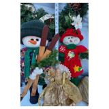 Lot of Christmas Decorations including Wreath, Snowman Figures, and Angel Topper