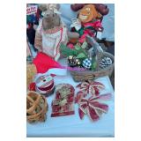 Assorted Christmas Decorations including Plush Moose Toys, Snowman, Big Mouse, Ribbons, and Baskets