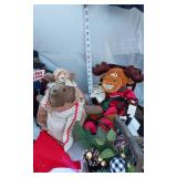 Assorted Christmas Decorations including Plush Moose Toys, Snowman, Big Mouse, Ribbons, and Baskets
