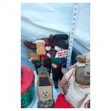 Assorted Christmas Decorations including Plush Moose Toys, Snowman, Big Mouse, Ribbons, and Baskets