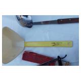 Vintage Kitchen and Utility Tools including Knives, Razors, and Glasses