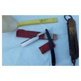Vintage Kitchen and Utility Tools including Knives, Razors, and Glasses
